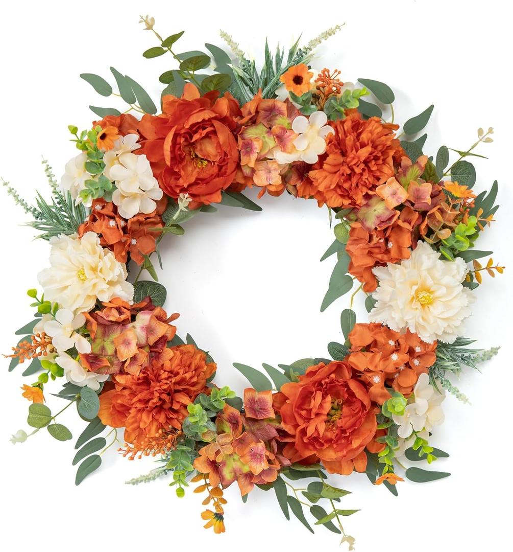 22 Wreaths for Front Door, WELL KNOWN Flowering Fall Wreath for Front Door, Silk Peony Wreath as Front Door Decor, Wall Hanging Home Party Wedding Porch Decor & Gift (Burnt Orange & Champagne)