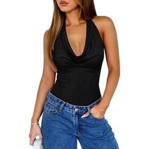 REORIA Womens Sexy Cowl Neck Halter Body Suits Summer Open Back Bodysuit Tank Tops (Black, XL)