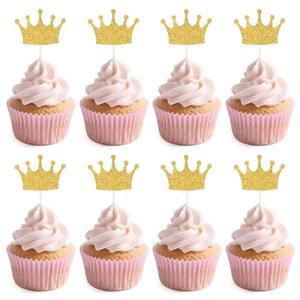 30Pcs Crown Cupcake Toppers, Gold Glittery Princess Cake Picks Confetti Queen Cake Toppers for Baby Shower, Birthday Party, Wedding Food Decorations