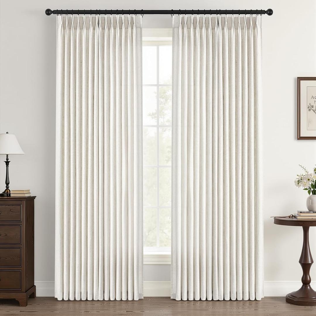 Pinch Pleated Linen Curtains 108 Inches Long for Living Room 2 Panels Set Natural Ivory Memory Trained Back Tab Pleat Drapes Hooks Rings Floor to Ceiling Window Curtains Bedroom Neutral Birch