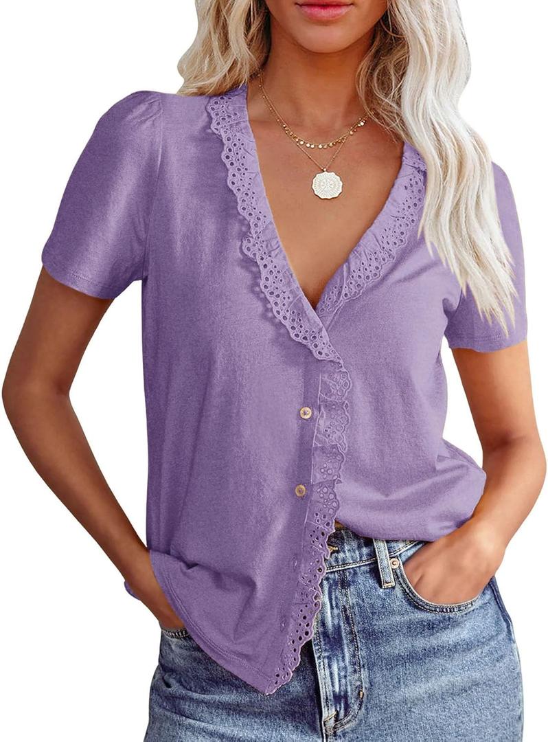 Floral Find Womens Short Sleeve Button Down Tops Casual Summer V-Neck Lace Trim Blouse Cute Tee, Purple, X-Large (Purple, XL)