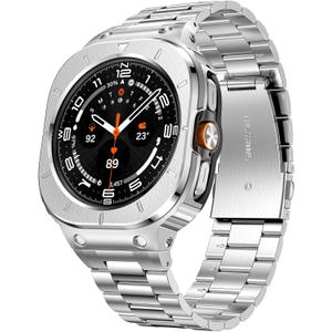 SUPLINK Stainless Steel Case and Band Compatible with Galaxy Watch Ultra Bands Men (2025/2024), Rugged Protective Case Bumper Adjustable Metal Bands for Samsung Watch Ultra Band 47mm, Silver