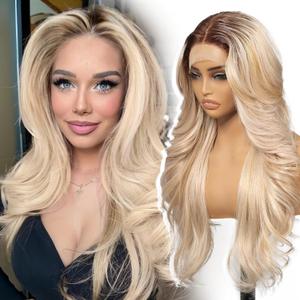 KOME Ombre Blonde Synthetic Lace Front Wig,13x4 HD Lace Layered Wave Glueless Wigs for Women Daily Use 26IN