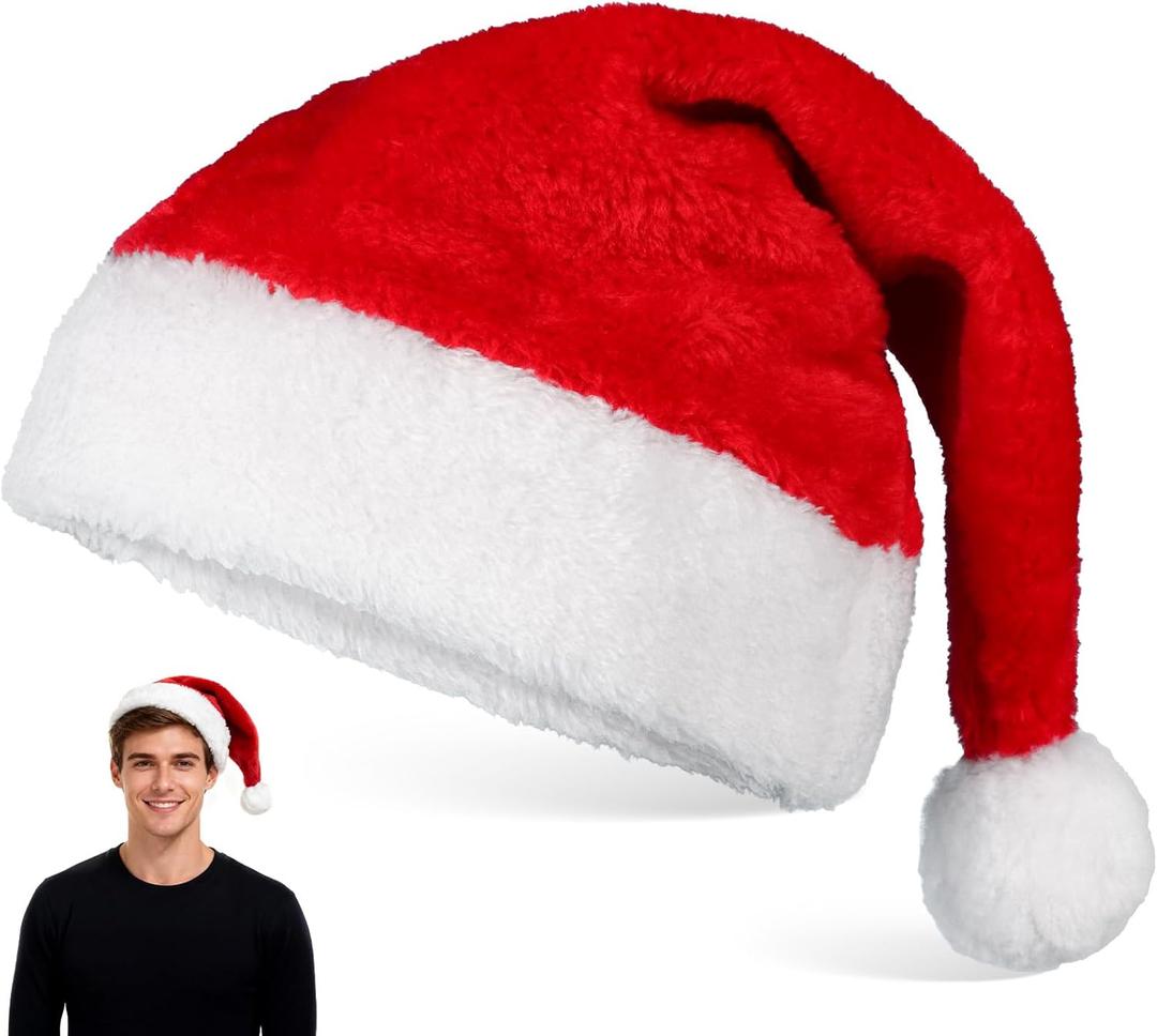 Christmas Hat for Adults - Red Santa Hat Thickened Plush Design - Unisex Adult Santa Hat for Holiday Party & Family Gathering Headwear