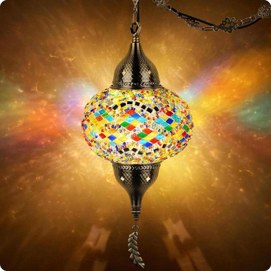Yarra-Decor Turkish Moroccan Pendant Hanging Light with 15-Foot Cord - Exquisite Tiffany Style Mosaic Ceiling Lamp for Bedroom, Living Room(Multicolor1)