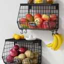 Black Kitchen Wall Hanging Storage Basket Set of 2, Rustic Stackable Kitchen Counter Fruit Organizer, Wire Baskets Container for Veggie, Garlic, Produce, Onion and Potato (Black Shelf)