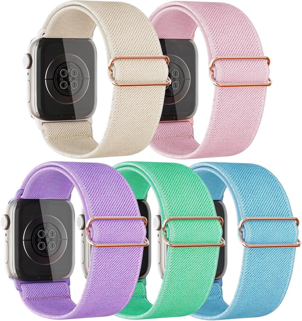 5 Packs Compatible with Kids Apple Watch Band,Comfy Stretchy Adjustable Nylon Replace Bands for Iwatch Ultra Series 9 8 7 6 5 4 3 SE SE2 38mm/40mm/41mm for Boy Girl Small Wrist. (Pink/ Purple/Starlight/Light Blue/Mint Green)