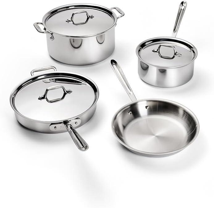 All-Clad D3 3-Ply Stainless Steel Cookware Set  7-Piece Pots and Pans Set, Induction, Oven Broiler Safe 600F - Includes Frying Pans, Saucepans, Saut Pan, Stockpot, Professional Cookware  Silver