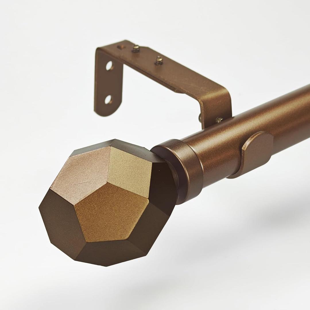 1-1/8 Inch Diameter Aged Bronze Curtain Rod with Geometric Faceted Finials, 72-144'' Telescoping Single Curtain Rods for window width 68-140 inch, 1 pack