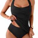 Eomenie Womens Halter Tankini Bathing Suit Ruched Tummy Control Two Piece Swimsuit with Bottom Black, M