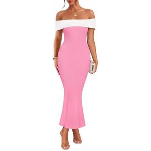 ZESICA Women's 2025 Summer Off The Shoulder Ribbed Knit Sweater Dresses Sleeveless Color Block Party Bodycon Maxi Dress, M, Pink