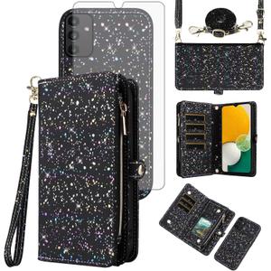 Asuwish Phone Case for Samsung Galaxy A13 5G Zipper Wallet Magnetic Detachable Cover with Screen Protector and Glitter Card Holder Stand Cell A04S M13 G5 A 13 2022 13A A135G SM A136U Women Men Black
