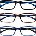 OPULIZE SEE Reading Glasses with Blue Light Blocking for Women and Men, Narrow Frame, Spring Hinges, Computer Gaming Glasses, Black,Brown,Blue +3 (Pack of 3)