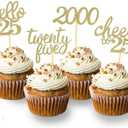 24Pcs Glitter 25th Birthday Cupcake Toppers, Hello 25th Birthday Cake Topper- 25th Birthday Decorations for Celebrating Twenty-Five Years Old Birthday Party (Gold)