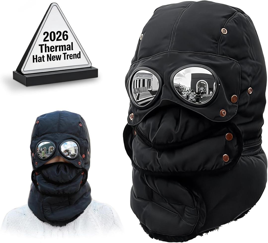 Winter Thermal Hat with Glasses, Trapper Hat for Men with Mask Pilot Face Ski Goggles Built in, Adjustable and Glasses (Black)