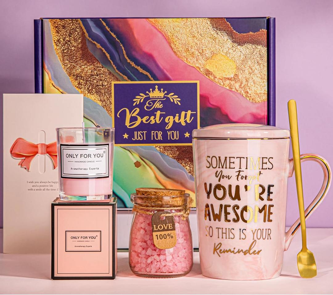 Valentines Birthday Pamper Gifts for Women, Inspirational Thank You Gifts for Her, Relaxation Spa Bath Set Hamper Gift for Sister Mum Wife Friend, Unique Gift Box Coffee Mug Scented Candle Bath Salts