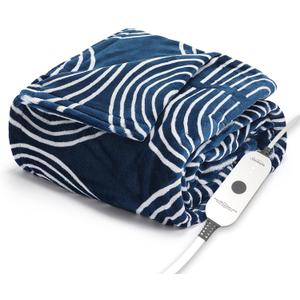 Sunbeam Ultimate Cozy Royal Posh Velvet Hand & Foot Pocket Heated Throw Electric Blanket, 50" x 72", 4 Heat Settings, 4-Hour Auto Shut-Off, Warming Throw for Couch, Machine Washable, Blue Rounds