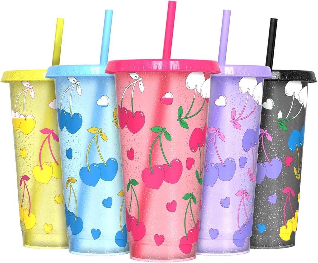 Color Changing Cups, Plastic Tumblers with Lids and Straws, Reusable Plastic Cups - BPA-Free, Sturdy & Food Safe, Perfect for Iced Coffee, Milkshakes & Smoothies, 5 Pack - Glitter Cherry
