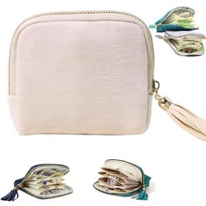 Travel Jewelry Case, Small High-End Large-Capacity Tassel Storage Bag Gifts for Women, Pouch Bags with Zipper, Velvet Jewelry Organizer Storage Bag for Bracelet Rings Earring (Beige)