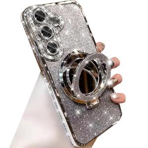 for Samsung Galaxy S25 Plus Magnetic Kickstand Glitter Case, [Compatible with Magsafe] Bling Sparkly Rhinestones with Camera Protector Makeup Mirror Women Girls Case for Galaxy S25 Plus, Silver
