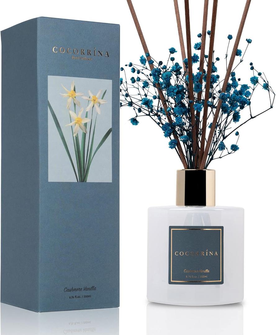 Cocorrna Premium Reed Diffuser Set with Preserved Baby's Breath & Cotton Stick Cashmere Vanilla | 6.7oz Scent Fragrance Oil Diffuser for Bedroom Bathroom Home Dcor (Flower/6.7 Ounce/1pack)