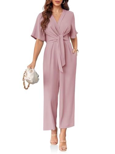 Cicy Bell Women's Elegant V Neck Jumpsuits Dressy Casual Short Sleeve Wide Leg Long Pants Rompers. Size S/M