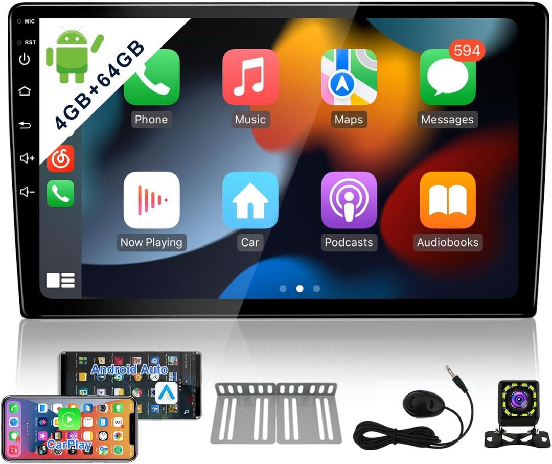 8-Core 4GB+64GB Double Din Android Car Stereo Radio Carplay & Android Auto,10 Inch IPS Touch Screen Car Radio with Bluetooth,GPS in-Dash Navigation Unit,Split Screen,Dual USB,Backup Camera
