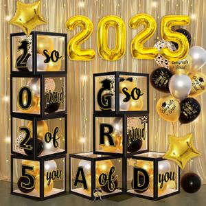 2025 Graduation Balloon Boxes Decorations, 4Pcs Graduation Party Blocks with Black and Gold Star Foil Balloons So Proud of You GRAD 2025 Letters for Congrats High School College Party Supplies