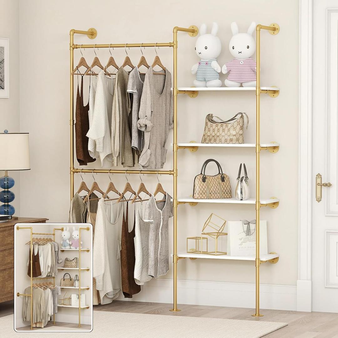 Industrial Pipe Clothing Rack, Heavy Duty Adjustable Garment Hanger with Shelves, 2 Installation Methods Closet Storage System for Wardrobe Organization (Gold, 80" H x 55" W)