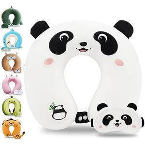Sexysamba Cartoon Headrest & Neck Pillow for Kids Boys & Girls, Teens, Travel Accessories for Airplane, Car, Recline, Memory Foam Cute Travel Pillow with Sleep Eye Mask - Panda
