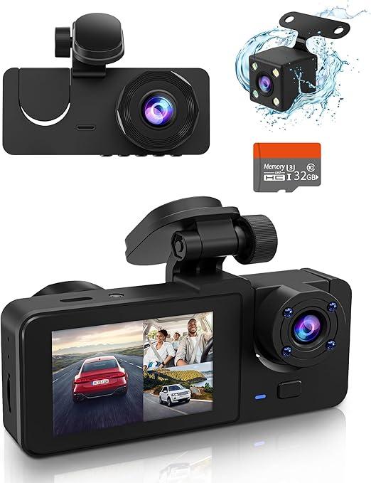 Dash Cam Front and Rear Inside, 4K Full HD Triple Dash Camera for Cars, Car Camera with 32GB Card,Builtin Loop Recording,GSensor,24H Parking Monitor,WDR,Accident Lock