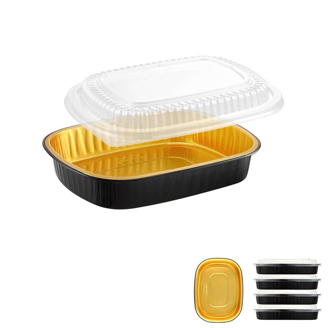 Oval Aluminum Foil Pans with Snap-On Lids (5 Pack)  2X Thicker Heavy Duty Black & Gold Disposable Trays for Catering, Takeout & Party Serving, 50oz