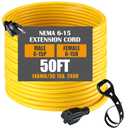 Tellegloww 50ft NEMA 6-15 Extension Cord 6-15P Male to 6-15R Female, 15 AMP Power Cable for 220/240V Air Condition, LED Grow Lights, Digital Ballast Power Cord Heavy Duty 14/3 AWG, 240V, 3750W