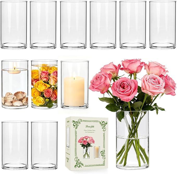 Clear Glass Cylinder Vases for Centerpieces,12pcs 6 inch Thick Bud Flower Vase & Floating Candle Holder,Glass Candle Cylinders Bulk, Wedding Decorations, Dining Table & Home Décor Gift