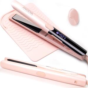 ANGENIL Plancha de pelo y rizador 2 en 1, alisador de pelo rosa de doble voltaje de titanio, plancha plana inica de silicona antiquemaduras con alfombrilla de silicona resistente al calor y cepillos