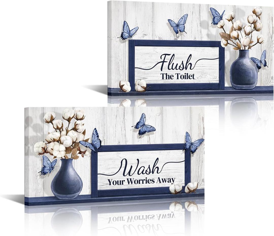 Visual Art Decor Bathroom Pictures Farmhouse Bathroom Quote Signs Toilet Wall Decor, Framed 6x12inchx2 Pieces (Blue)