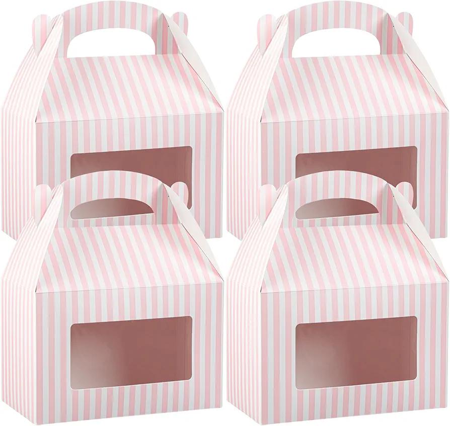 Restaurantware Bio Tek 8.5 x 4.8 x 5.5 Inch Gable Boxes For Party Favors, 25 Attractive Gift Boxes - Striped Design, With Clear PET Window, Pink And White Paper Barn Boxes, Built-In Handle