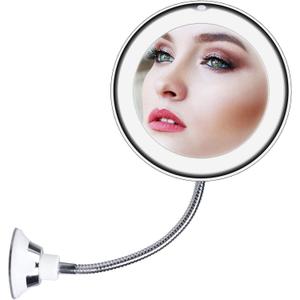 10x Magnifying Mirror with Light, Flexible Gooseneck Make up Mirror with Lights and Magnification, Battery Operated Cordless Magnified Mirror with Suction Cups for Wall Bathroom