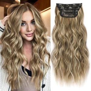 ALXNAN Clip in Long Wavy Synthetic Hair Extension 24 Inch Medium Brown Ash Blonde 4PCS Thick Hairpieces Fiber Double Weft Hair for Women