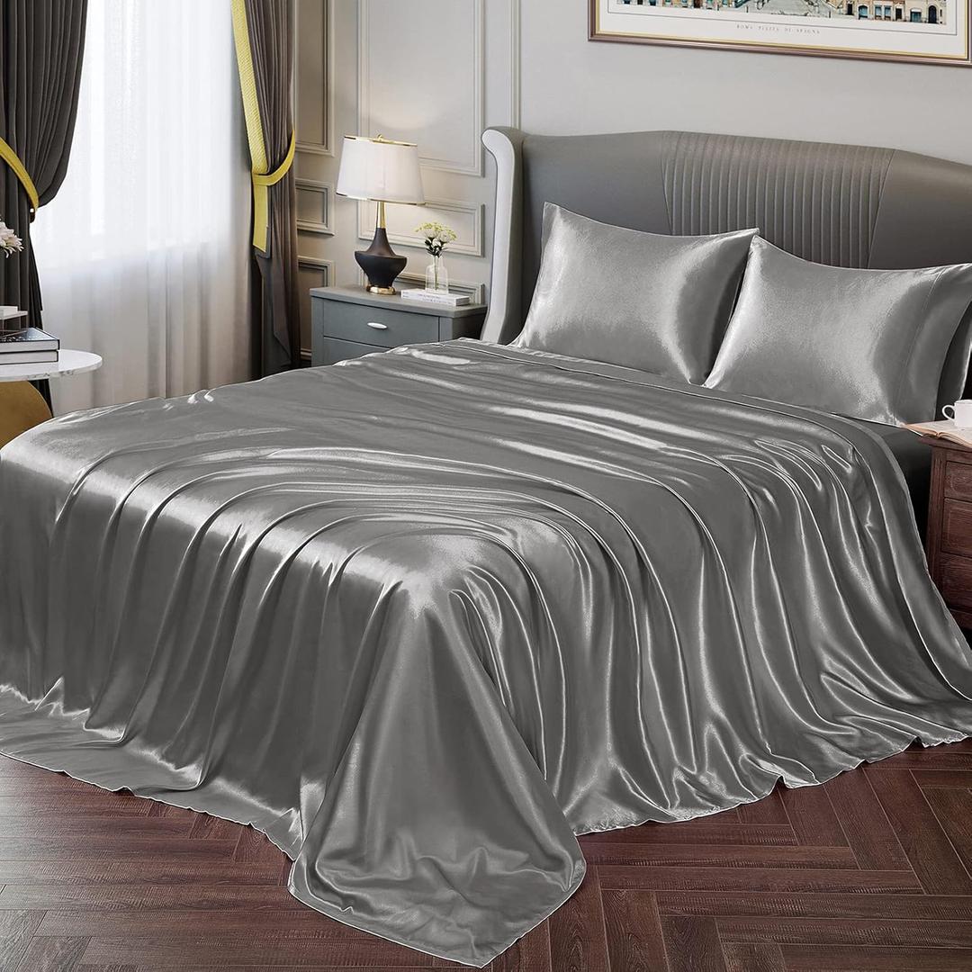 Vonty Satin Sheets Queen Silky Soft Satin Bed Sheets Misty Gray Sheet Set, 1 Deep Pocket Fitted Sheet + 1 Flat Sheet + 2 Pillowcases