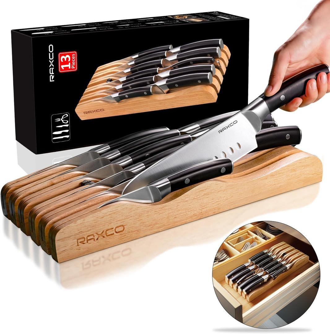 RAXCO Drawer Knife Set,13-Piece Stainless Steel Kitchen Knifes With Built-in Sharpener (Silver&Black)
