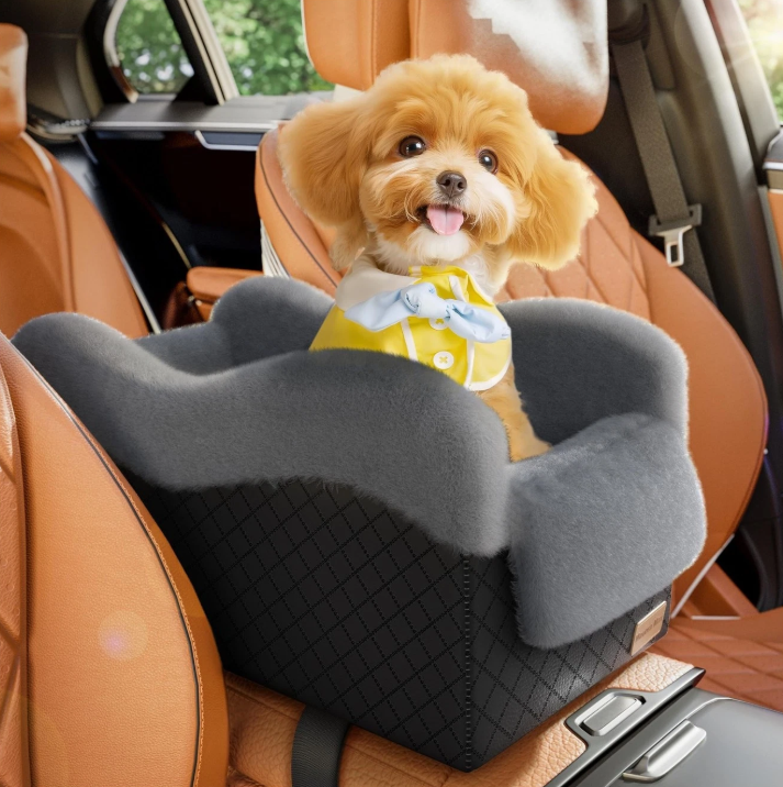 Mavora Max Portable Small Dog Seat for Car, Luxury Center Console Dog Car Seat Booster with Safety Tethers, AntiCollapse Pet Travel Carseat for SUV, Truck (Black/Grey)