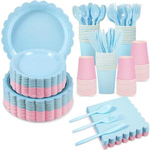 350 Pcs Baby Gender Reveal Plates and Napkins, 50 Guest Boy or Girl Gender Reveal Party Supplies Include Light Pink and Light Blue Plates Napkin Cup Plastic Spoon Fork Knive for Baby Shower