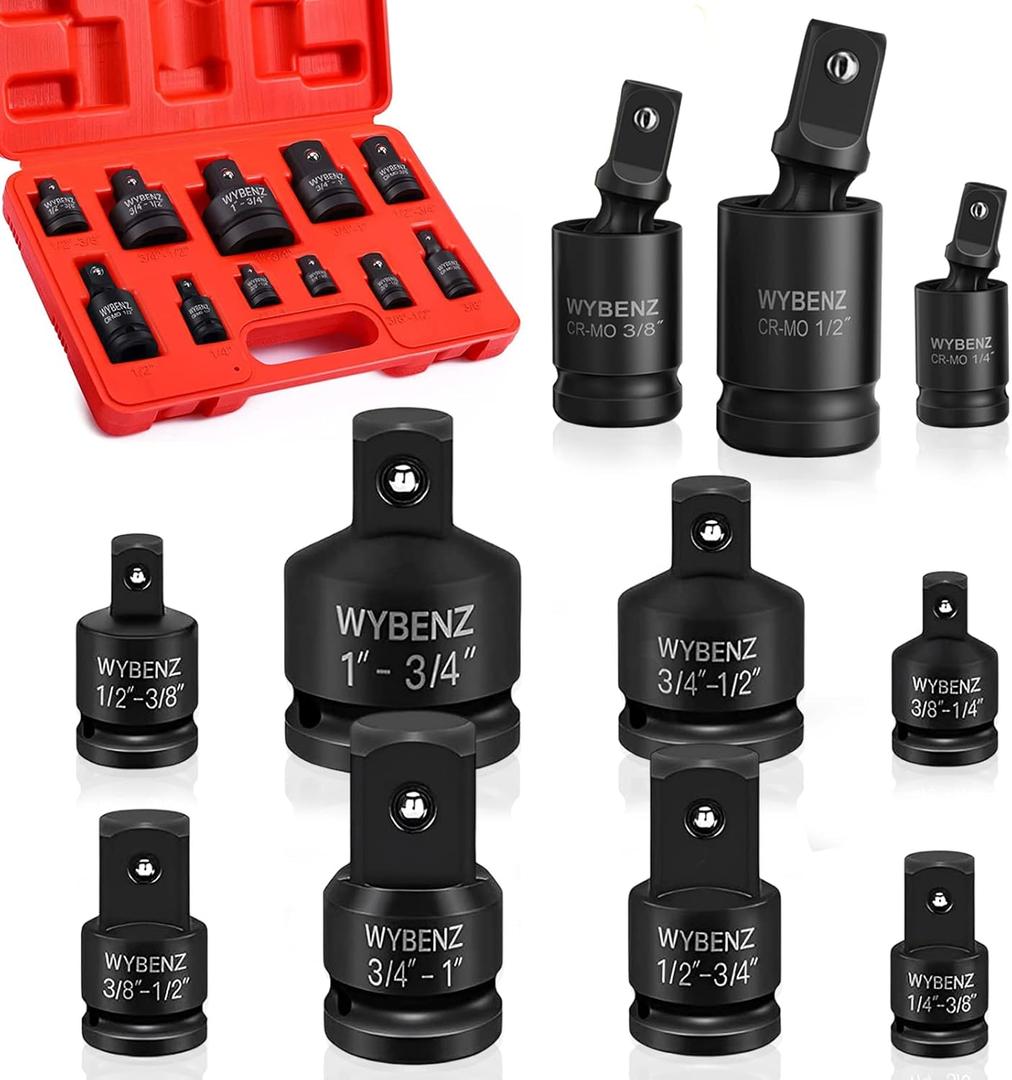 11PCS Impact Socket Adapter and Reducer Set, 1/4" 1/2" 3/8" 3/4" Impact Adapter Set & Universal Joint Impact Swivel Socket Set, Wobble Drive Socket Set with Storage Case