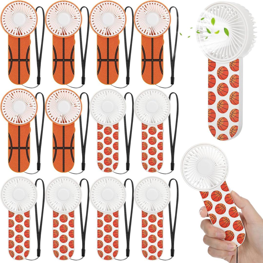 WILLBOND 12 Pcs Basketball Party Favors Mini Handheld Fan Bulk Small Portable Fans with Lanyard for Basketball Goodie Bags Stuffers Team Gift Party Decorations Outdoor Sport, Battery Not Include