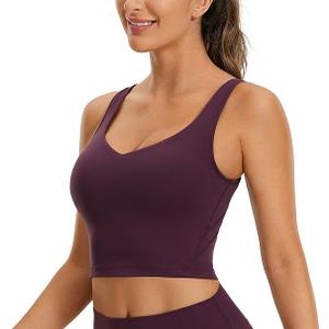 CRZ YOGA Butterluxe Womens V Neck Longline Sports Bra - U Back Padded Crop Workout Tank Tops with Built in Pads, medium