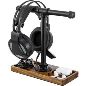 MyGift Premium Acacia Solid Wood and Industrial Black Metal Pipe T-Bar Over Ear Headphones Holder, Tabletop Dual Headphone Display Stand with Accessories Tray