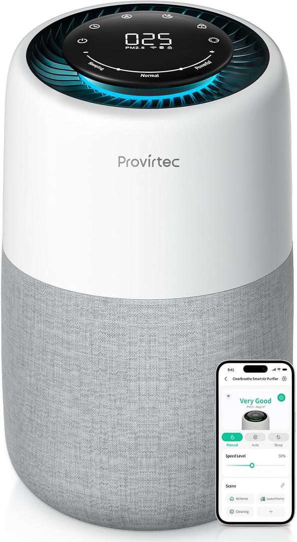 Provirtec Air Purifier with PM2.5 Real-Time Display & Air Quality Monitor, All-in-One Auto Mode & APP Control, Covers Up to 916 Sq Ft, H13 HEPA Filter for Allergies, Pet Hair, Smoke, Odor, Pollen