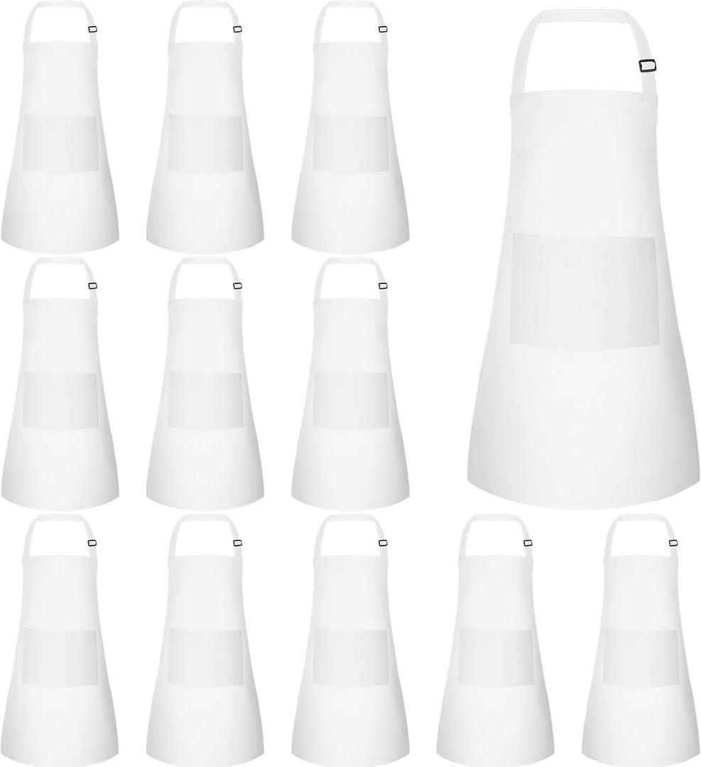 12 Pack Kids Apron bulk with 2 Pockets Adjustable Chef Art Apron Kids Painting Aprons for Cooking Baking Painting Crafting Grilling ActivityWhite