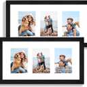 Hongkee 10x20 Picture Frame Set of 2, Rustic Black Wood Frame with Real Glass Collage Frame, Display Pictures Three 5x7 With Mat or 10 x 20 Without Mat - Horizontal or Vertical Wall Mounting, 10x20 in Matted to 3-5x7